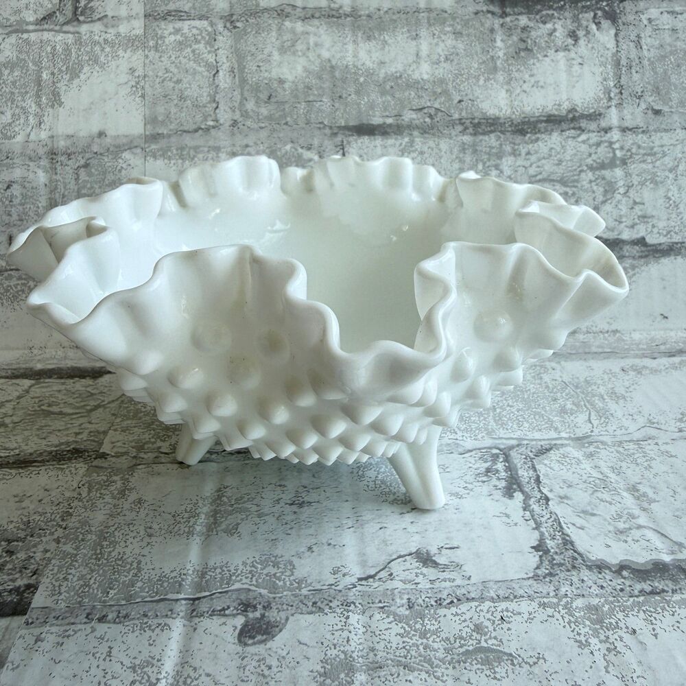 VTG Fenton White Hobnail Milk Glass Footed Ruffled Crimped Tabletop Bowl - Picture 4 of 8